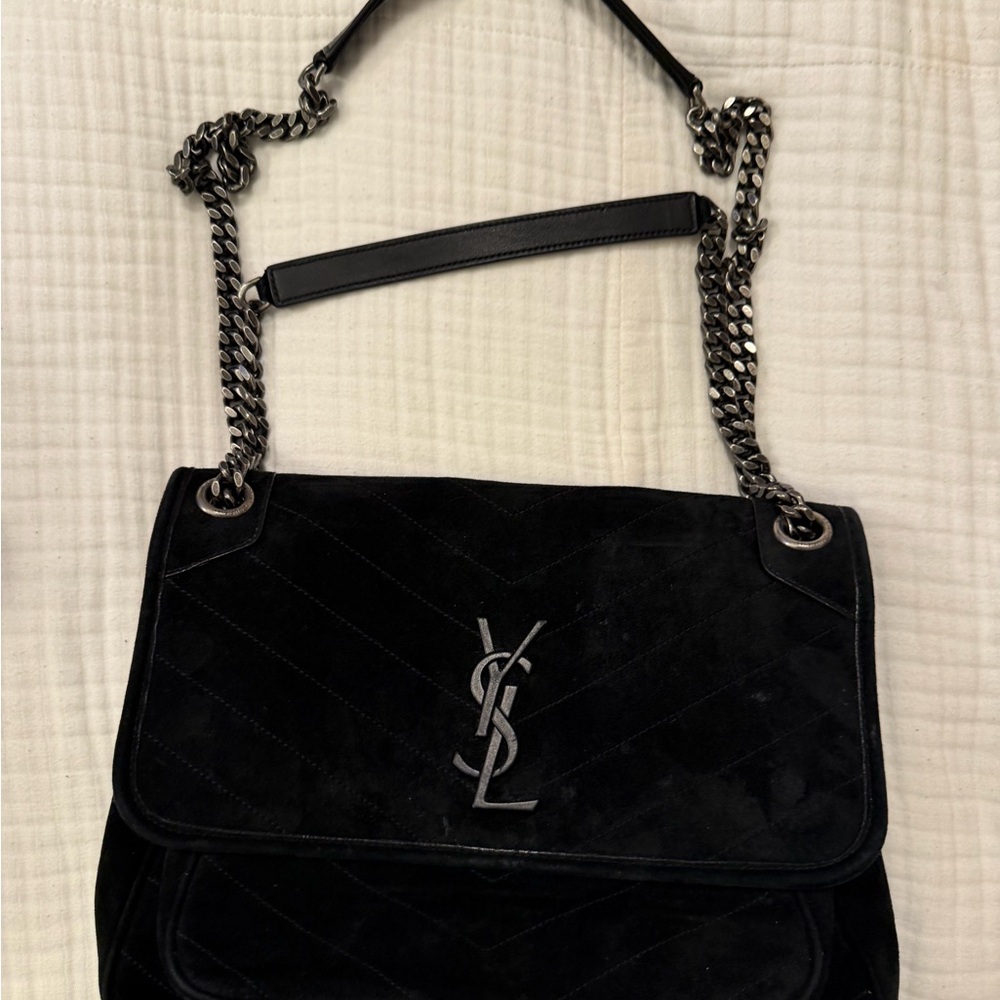 Yves Saint Laurent authentic Black Suede Niki Shoulder/Crossbody gunmetal Chain